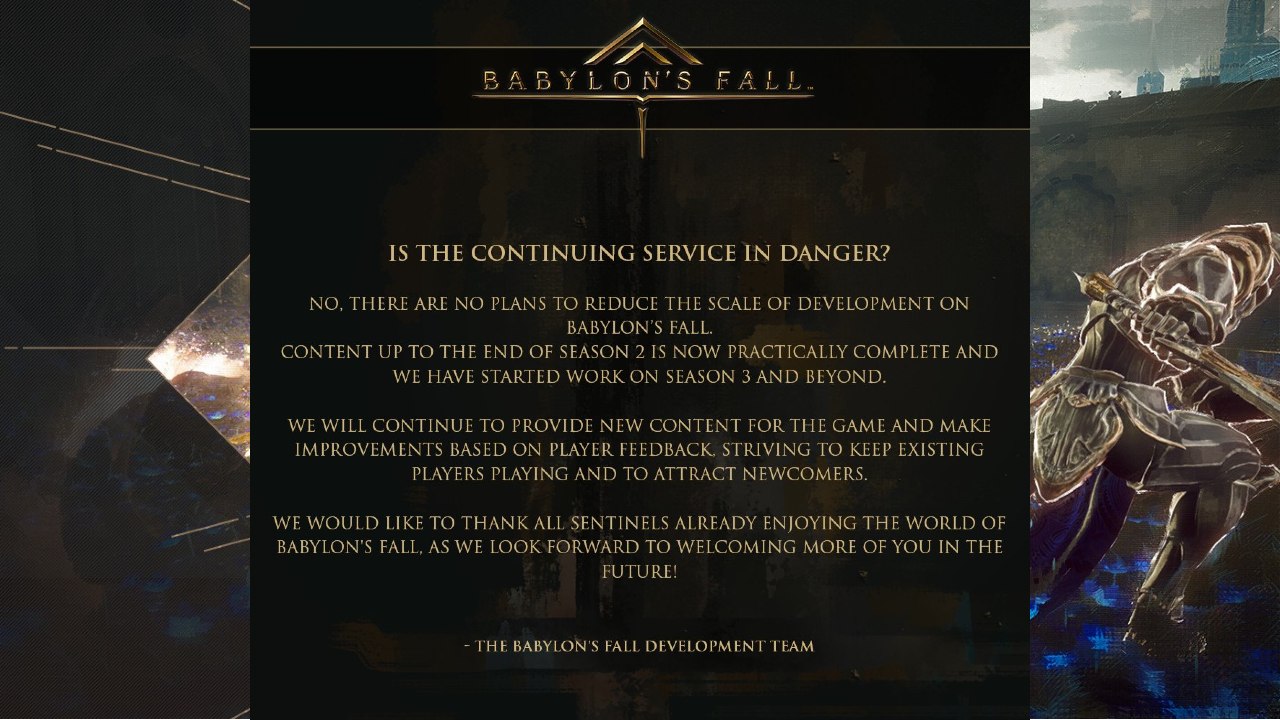 Babylon's Fall mensagem dos devs