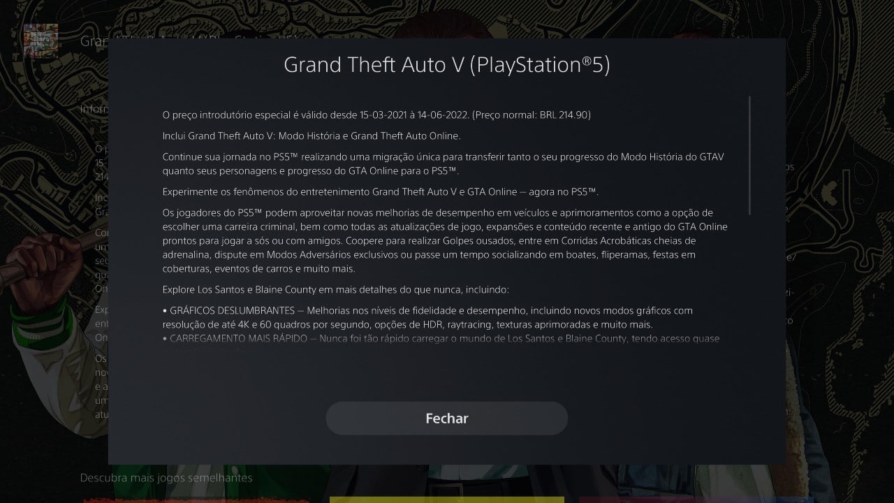 GTA V de PS5 descrição na PS Store