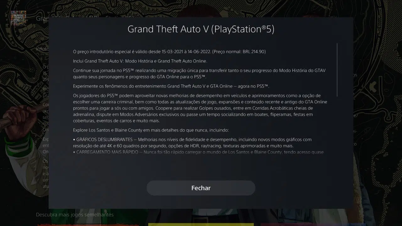 GTA V de PS5 descrição na PS Store