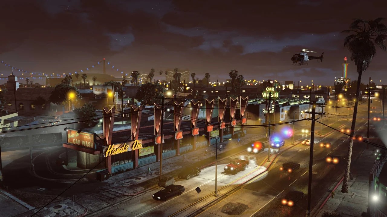 GTA V no PS5 cidade iluminada à noite