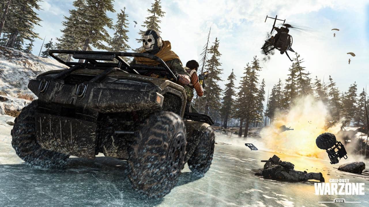 Imagem promocional com soldados em tanque e helicoptero de Call of Duty: Warzone