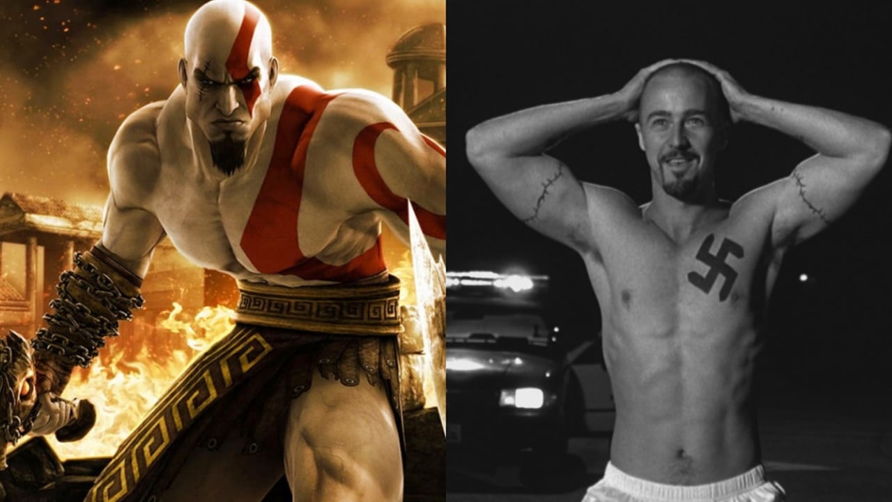 Kratos e o ator Edward Norton no filme A Outra História Americana 