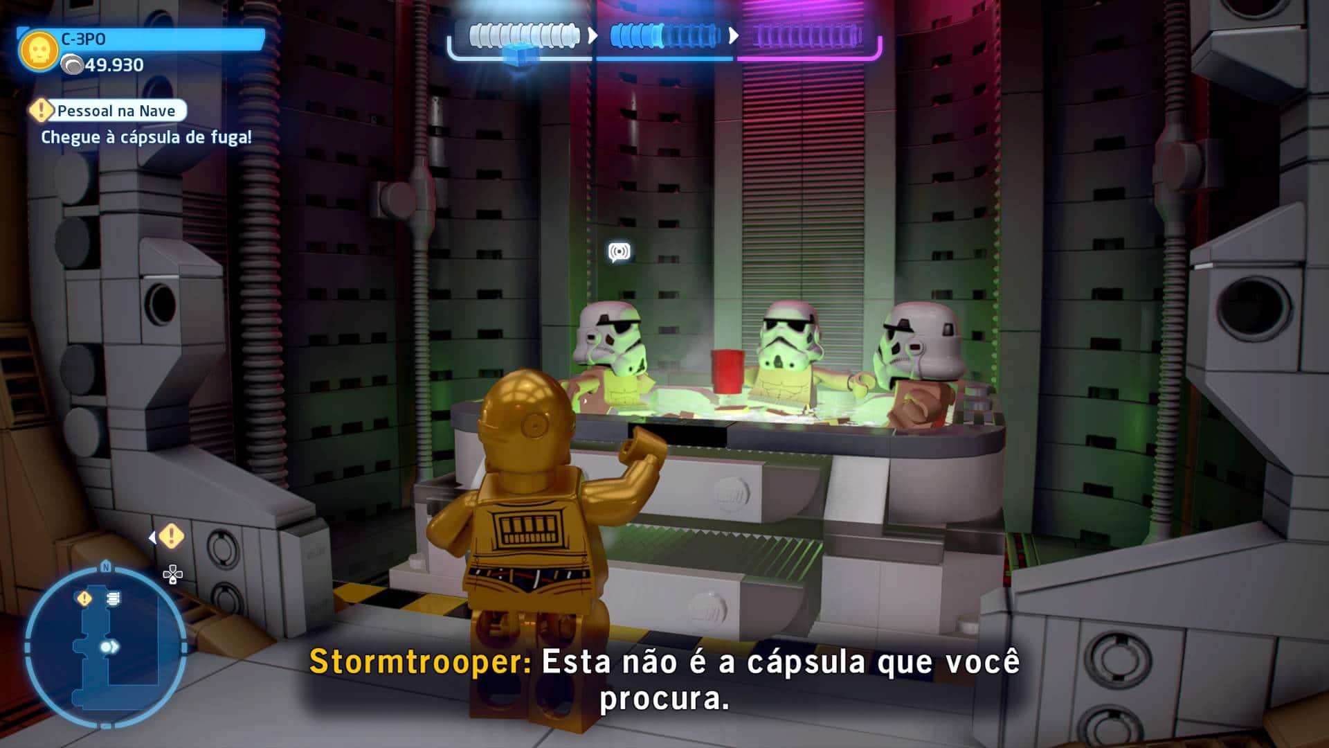 C3PO olhando para Stormtroopers em uma banheira em LEGO Star Wars: A Saga Skywalker