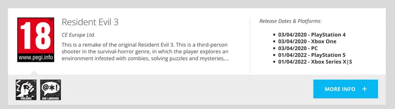 Página de classificação etária de Resident Evil 3.