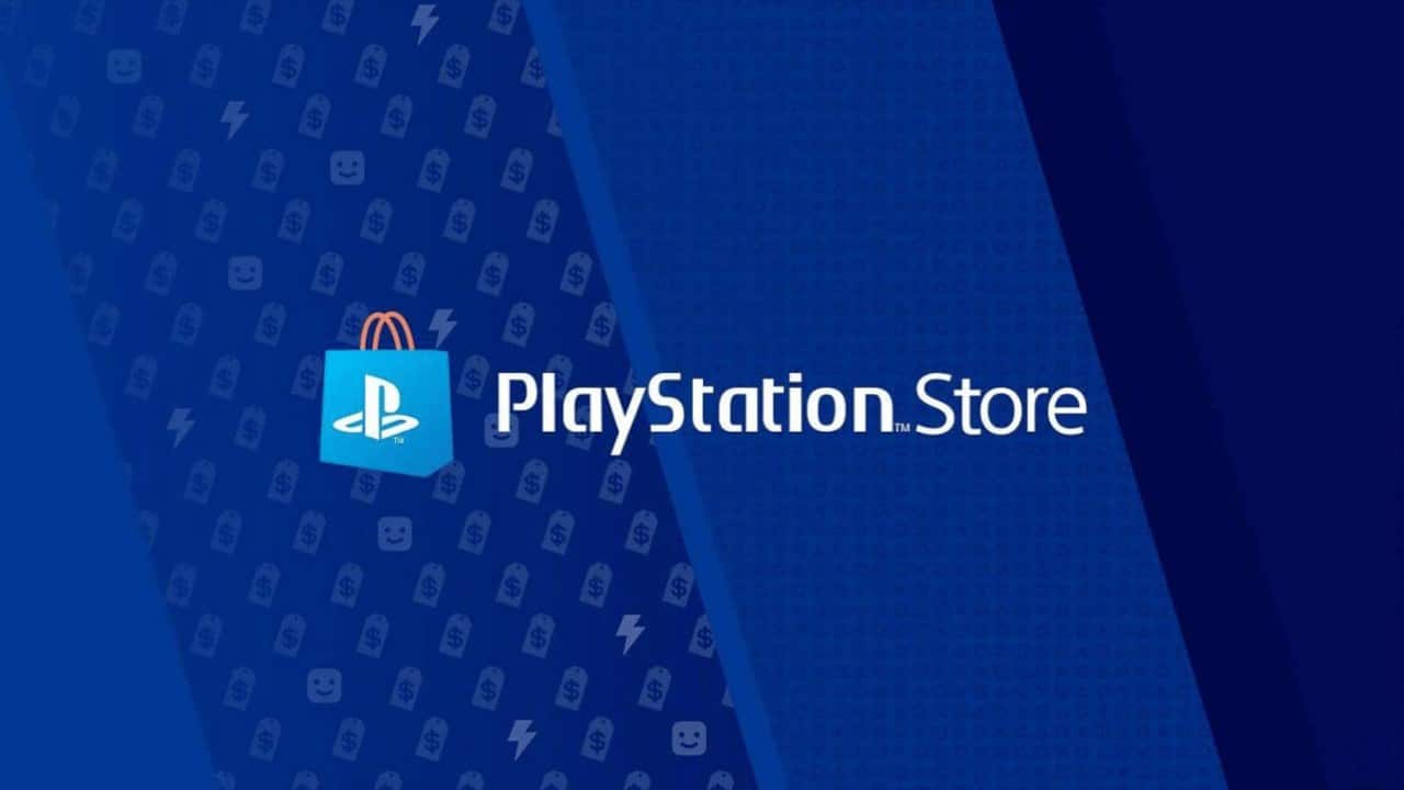 Logomarca oficial da PS Store, loja de jogos online, em um fundo azul