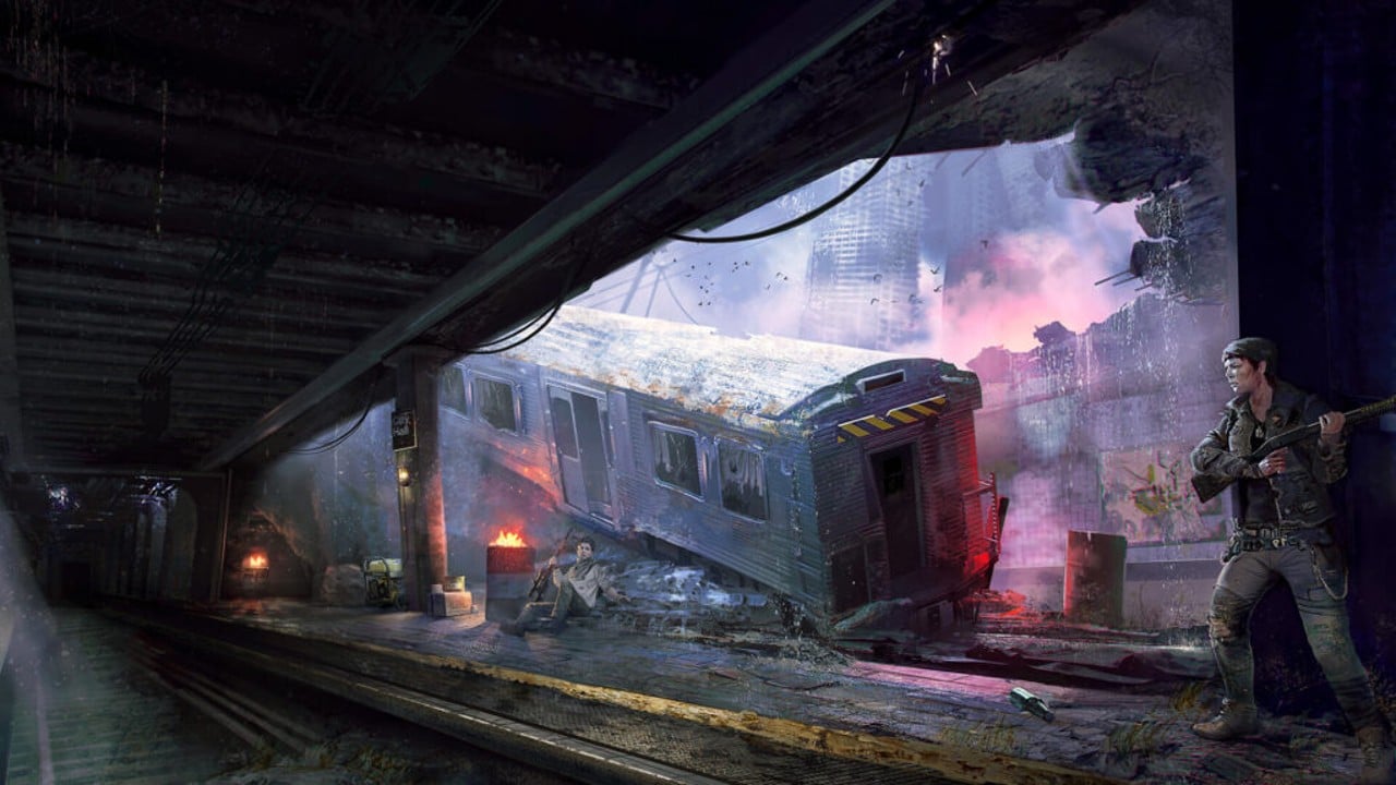 jogo da nacon - estação destruída com duas pessoas armadas e cenário destroçado