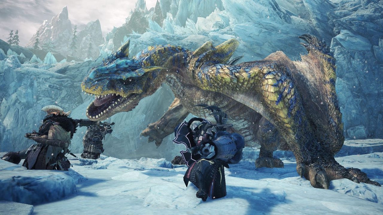 monster hunter world: iceborne cena de gameplay com caçadores e dragão