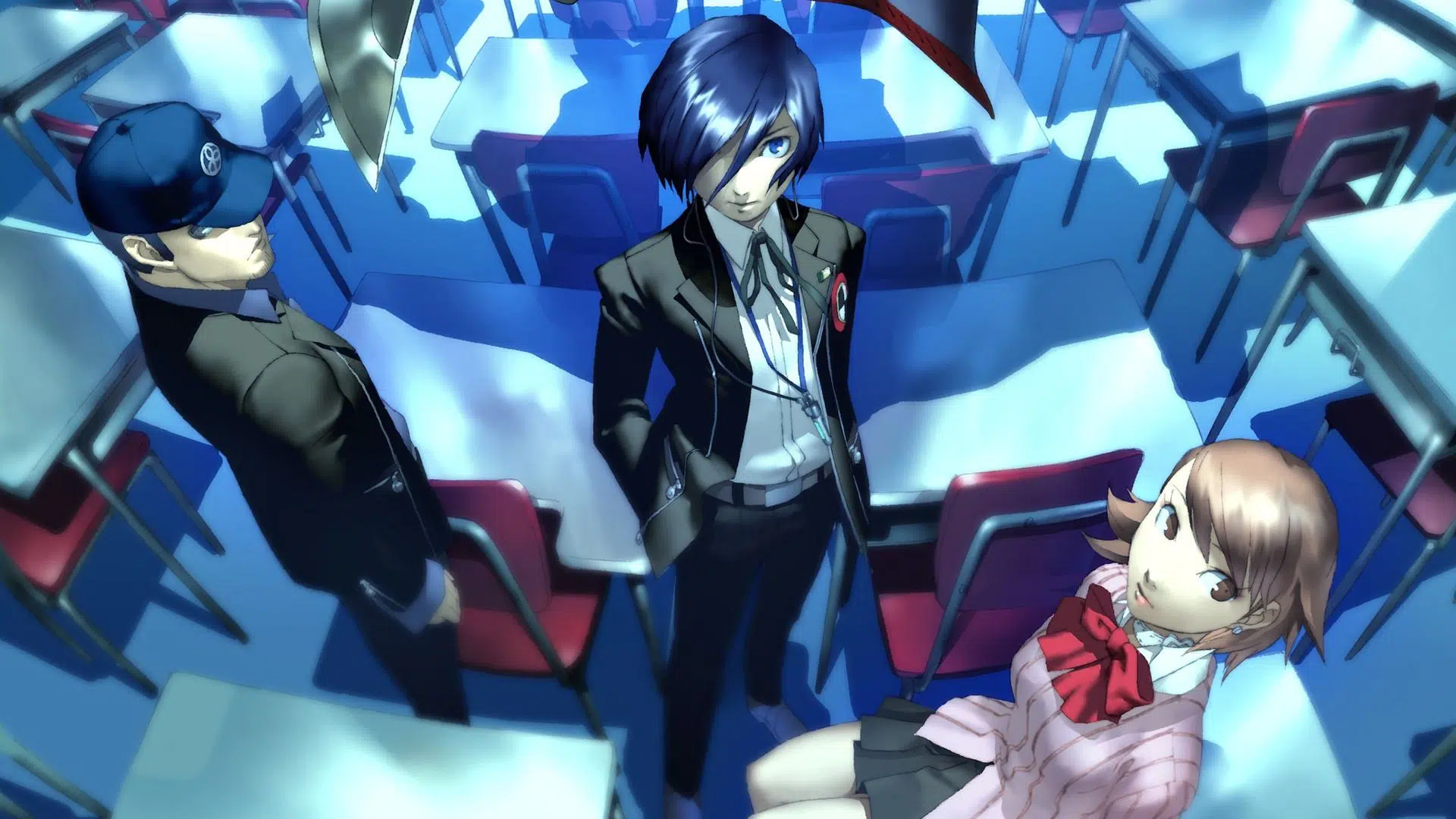 Persona 3 personagens em uma sala cheia de cadeiras