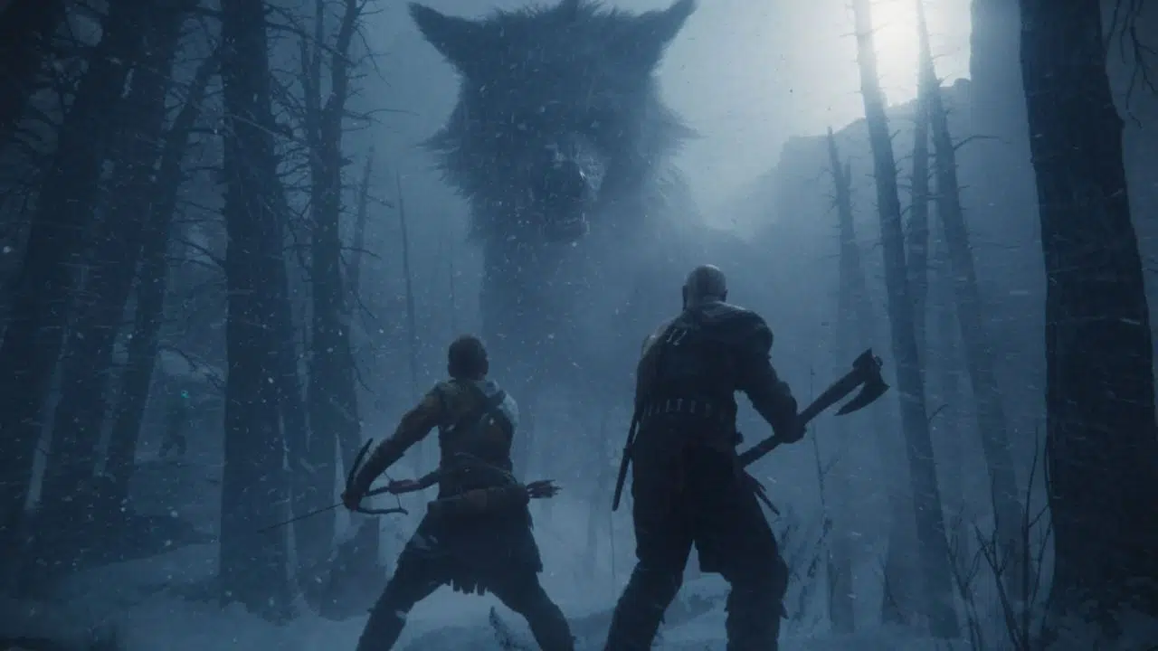 kratos e atreus enfrentam lobo em god of war ragnarok