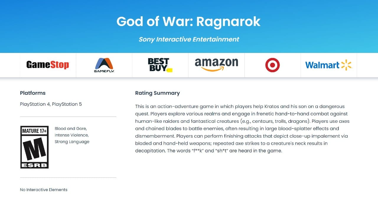 Só para “grandinhos”: God of War Ragnarok recebe classificação etária nos EUA 1 God of War Ragnarok ESRB