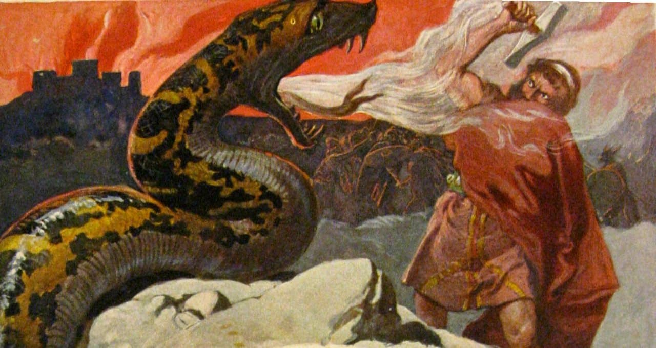 Como é o Ragnarök, segundo a mitologia nórdica 3 Thor e Jormungardr se enfrentam no Ragnarok