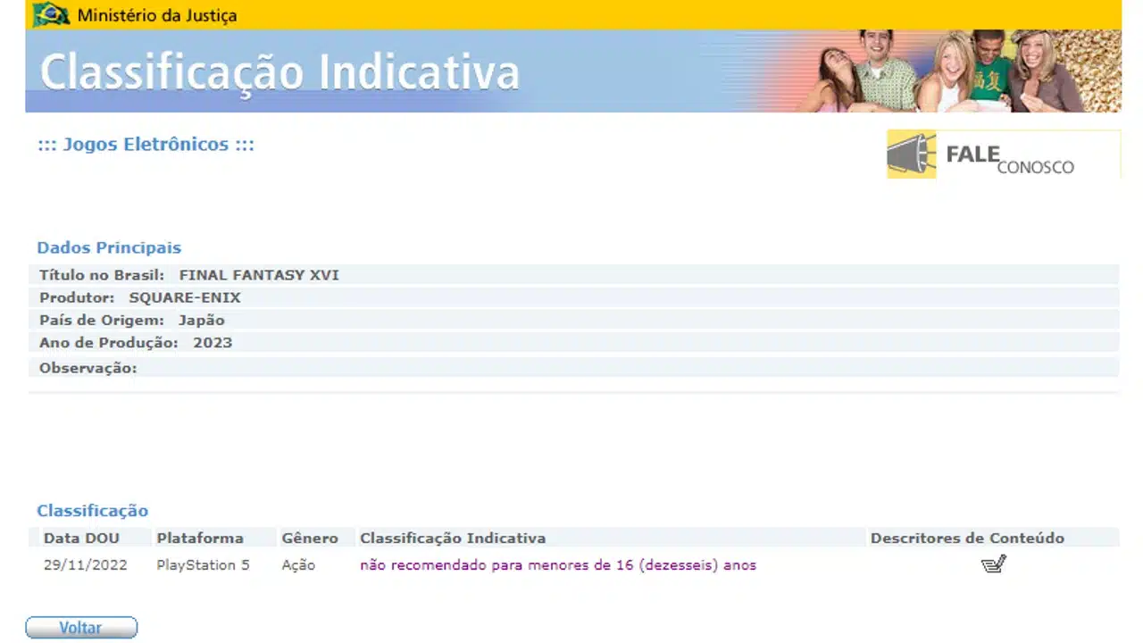 Final Fantasy XVI Classificação Indicativa
