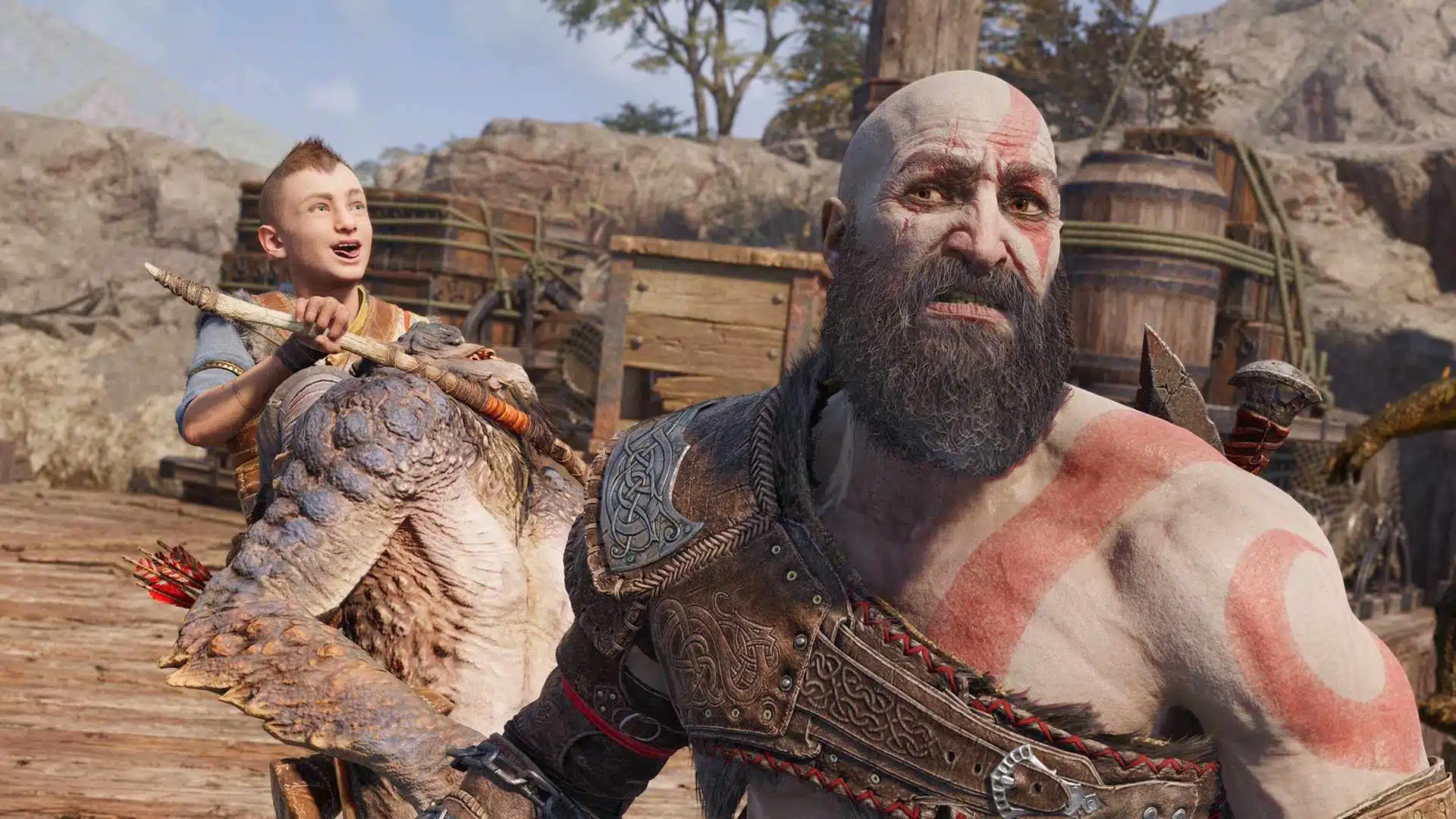 Kratos e Atreus em God of War Ragnarok modo fotografia virtual