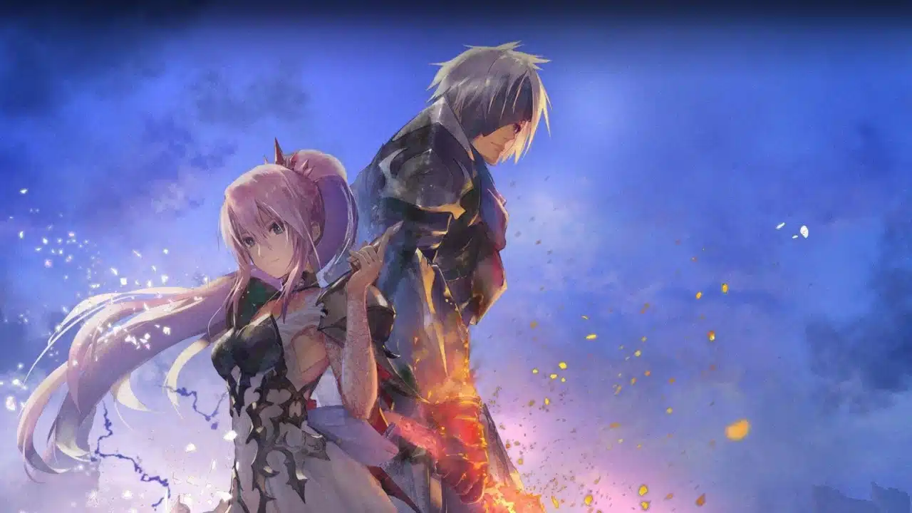 arte de tales of arise - protagonistas do RPG com um fundo azul estrelado de background