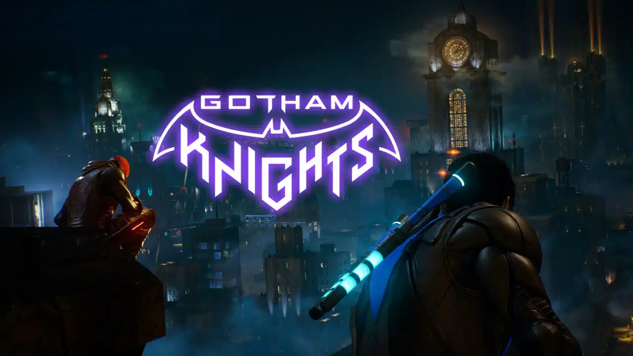 Asa-Noturna e o Capuz Vermelho de costas olhando para o logo de Gotham Knights
