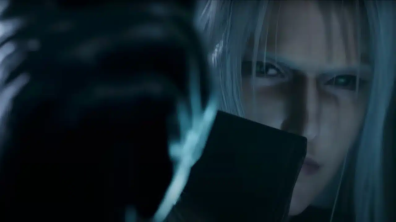 final fantasy vii rebirth - Sephiroth apontando sua espada na direção da tela com um olhar sombrio