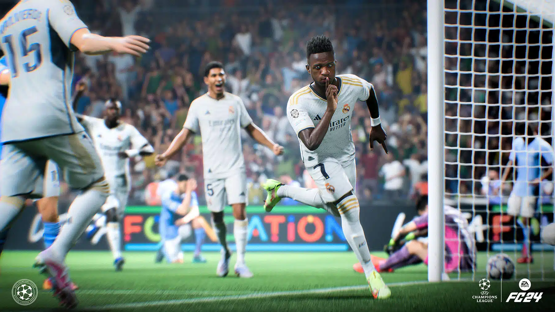 Vini Jr pedindo silêncio em EA Sports FC 24