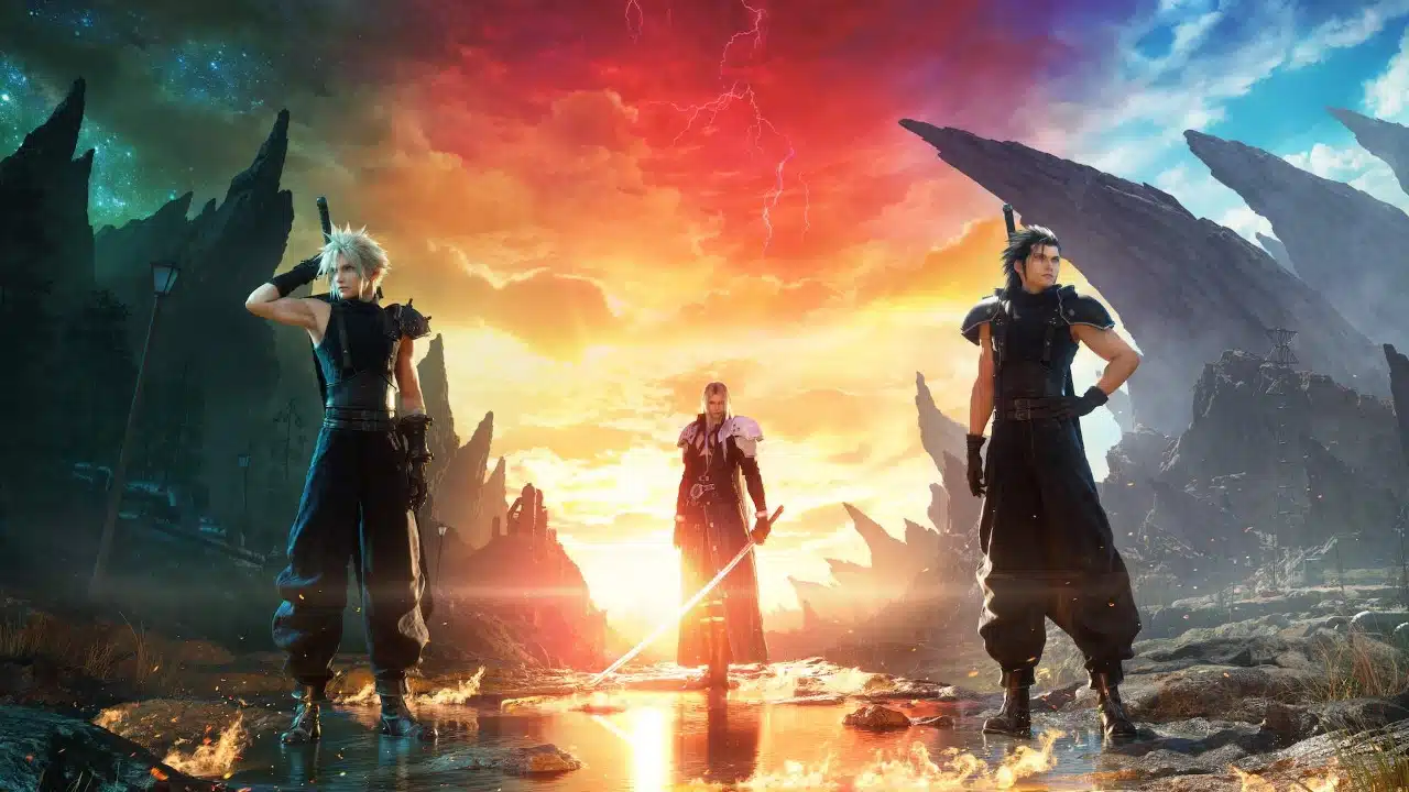 Demo de Final Fantasy VII Rebirth - Cloud, Sephiroth e Zack Fair com um céu laranja de fundo