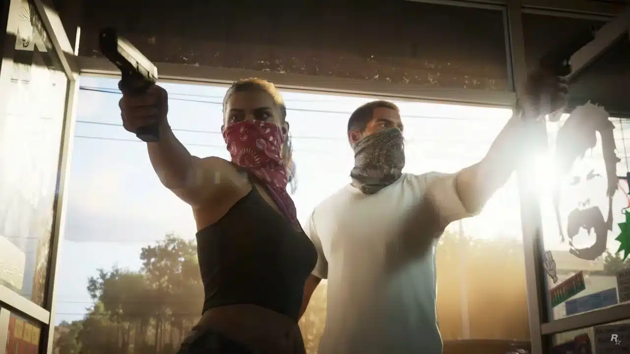 trailer de GTA 6 - Jason e Lucia invadindo uma loja armados e com máscaras no rosto