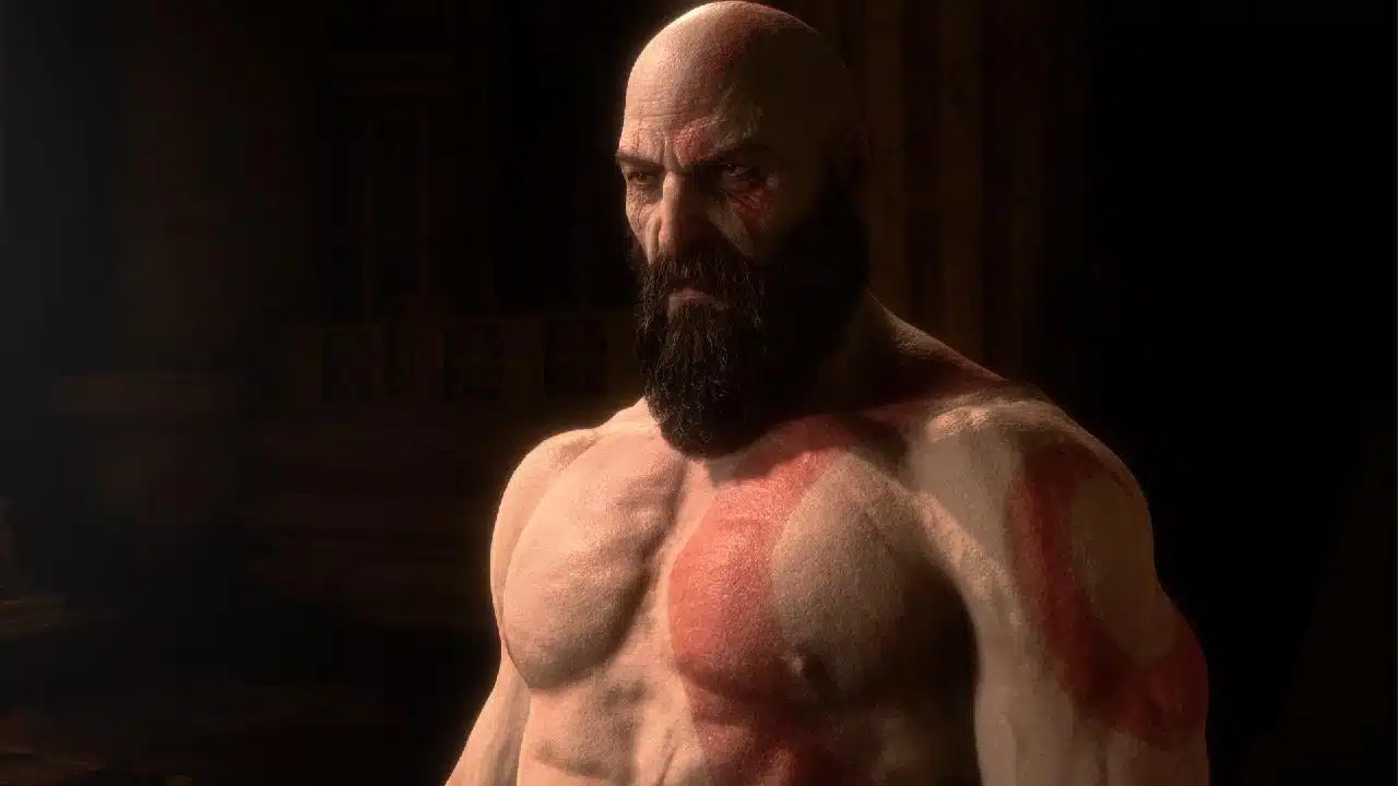 Patch de God of War Ragnarok - Kratos sem sua armadura e com os músculos a mostra.