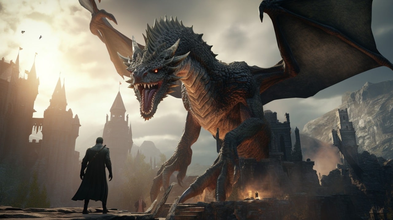 dragon's dogma 2 - dragão feroz encarando um guerreiro de capa com cenário medieval ao fundo