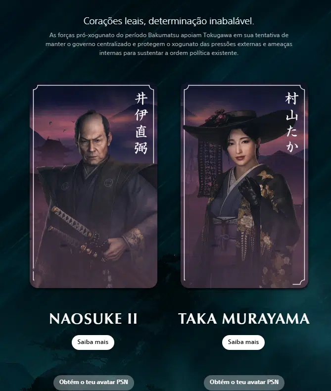 Homem e mulher samurais da família Tokugawa em A Ascensão do Ronin. À esquerda, Naosuke, calvo e com duas espadas em mãos. À direita, uma mulher com aparência mais jovial de chapéu, luva preta e mão no peito.