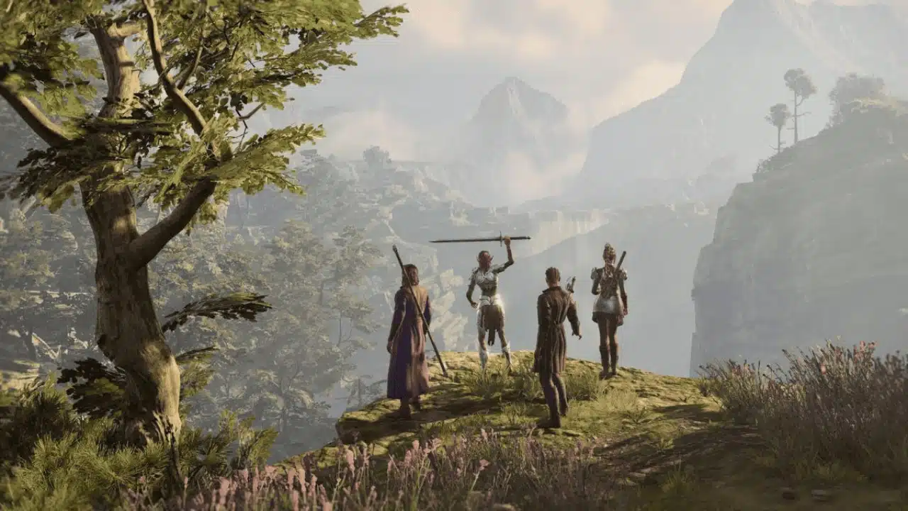 Baldur's Gate 3 - jogadores posicionados no alto de uma colina enquanto um deles levanta uma espada