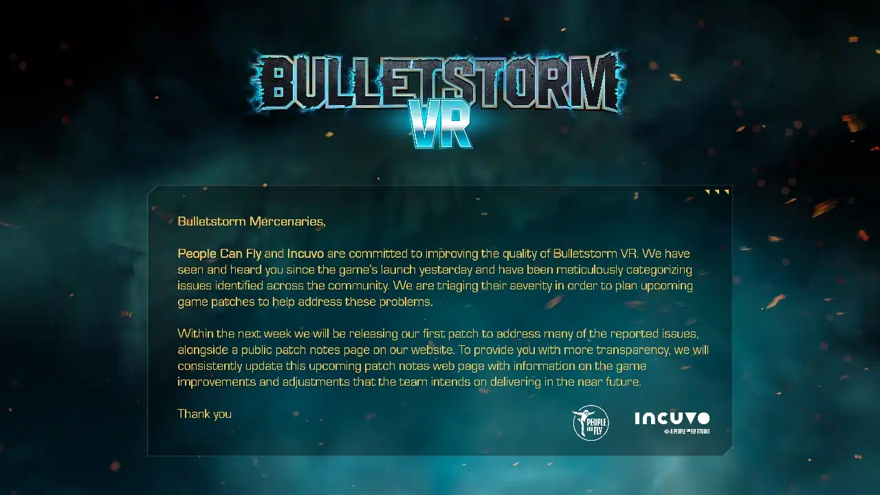 nota de Bulletstorm VR com um longo texto sobre promessas de melhorias