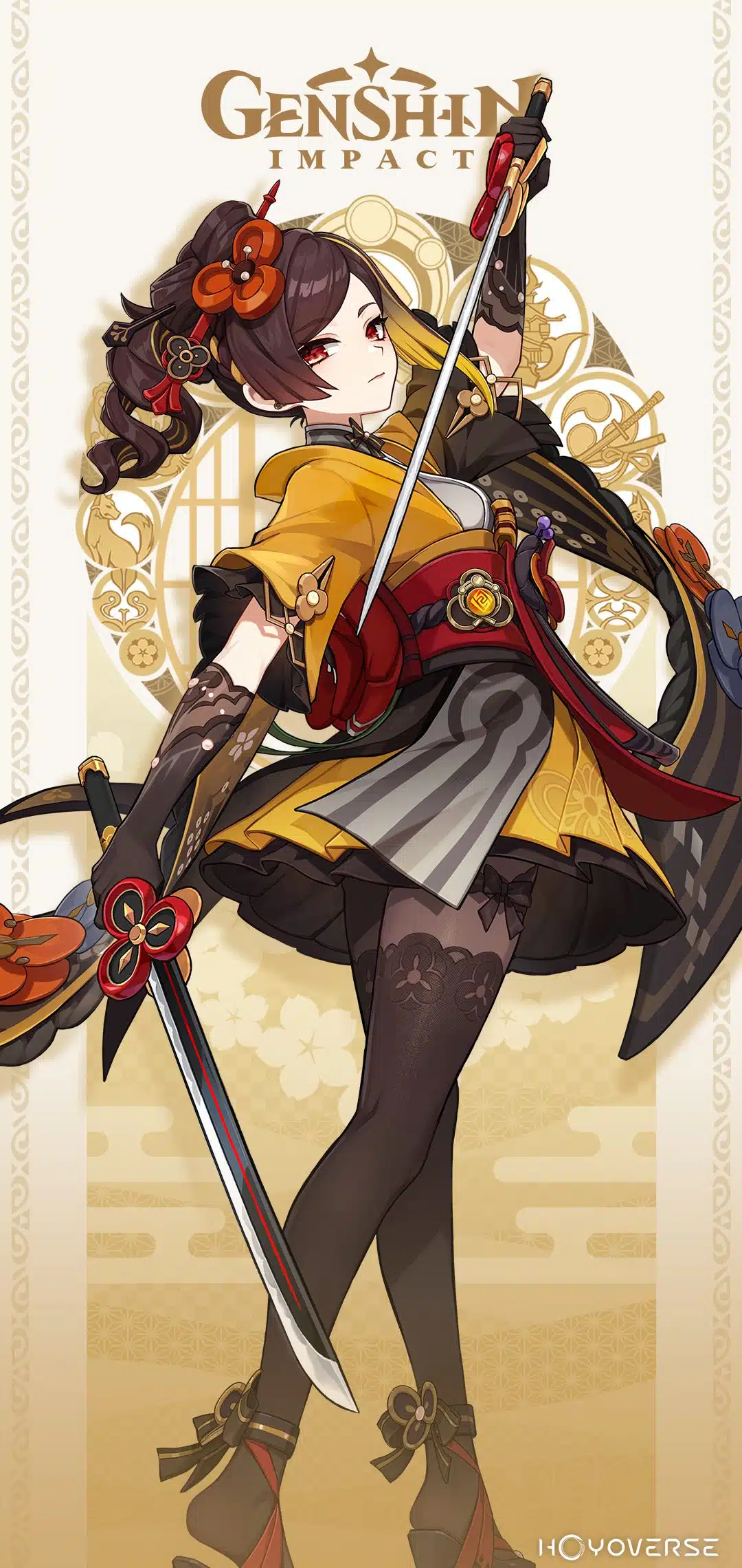 Chiori de Genshin Impact com suas espadas duplas e roupas amarelas no anúncio da HoYoVerse