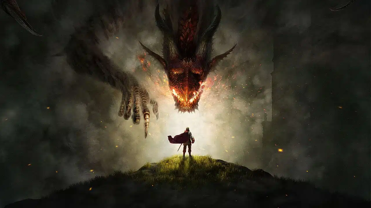 um dragão de Dragon's Dogma 2 aponta para um guerreiro bem na sua frente