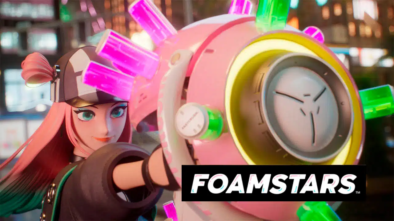 FOAMSTARS - heroína de Foamstars segurando um canhão colorido que joga espuma na arena. A personagem tem cabelo rosa e usa um boné.
