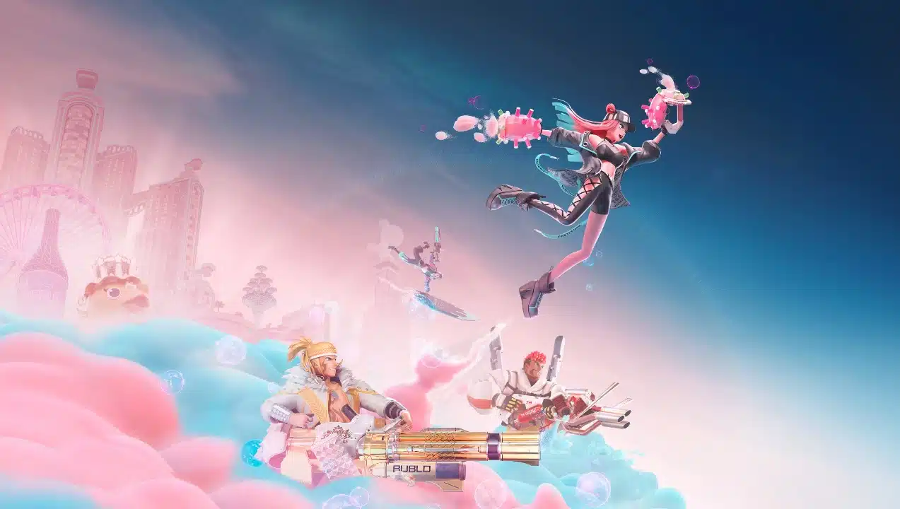 imagem de novidades de foamstars onde uma mulher pula para além das nuvens e um grupo de personagens segura armas em cuma de nuvens de cor rosa e azul