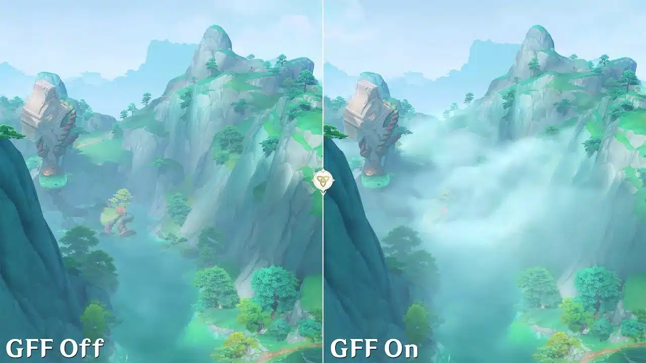 Genshin Impact GFF - imagem mostrando como o recurso GFF funcionará no gacha apontando uma comparação do ambiente com e sem névoa