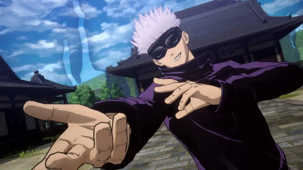 imagem de Jujutsu Kaisen: Cursed Clash com um homem de cabelo branco e faixa no rosto