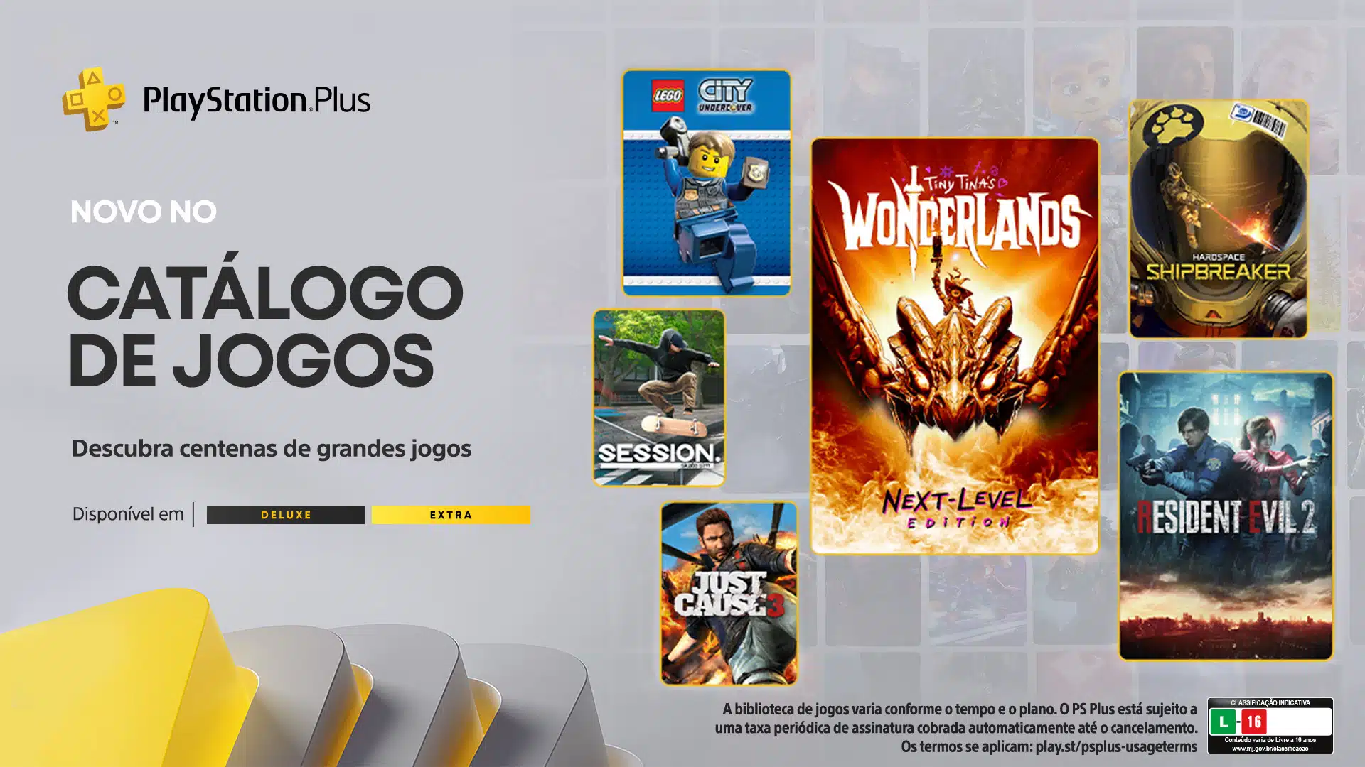 seis icones de jogos em um plano de fundo cinza com detalhes amarelos e a marca de jogos do ps plus