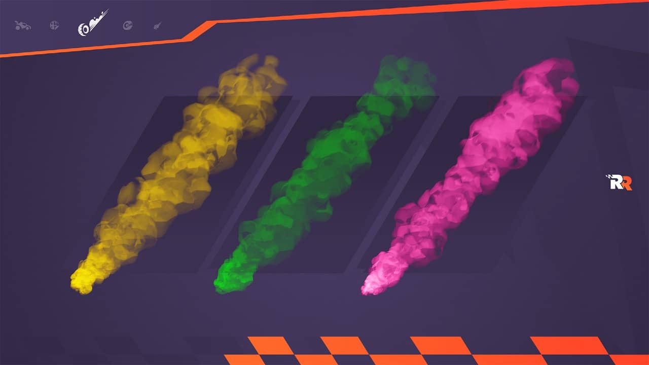 Rastros de Rocket Racing na cor amarela, verde e rosa