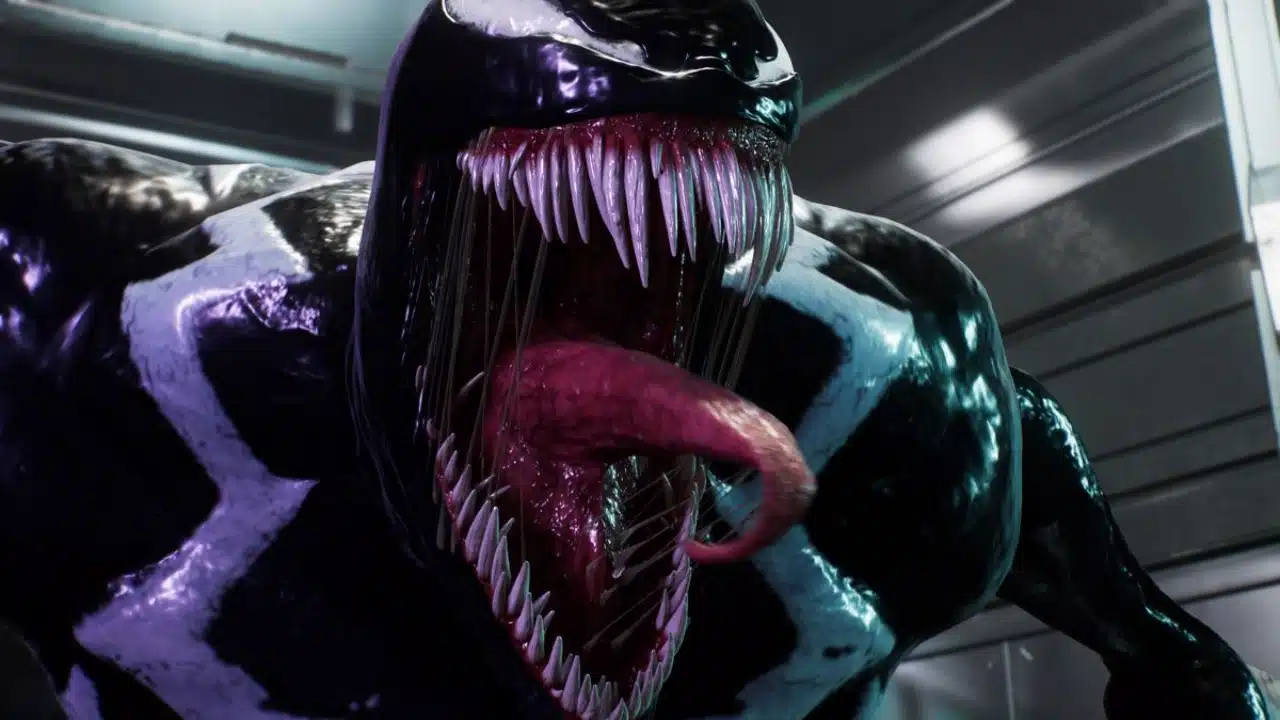 imagem de marvel's spider-man 2 com um monstro alienigena de roupa preta e com dentes pontiagudos