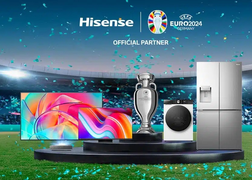 TVs Hisense com troféu da EURO 2024 e outros eletros