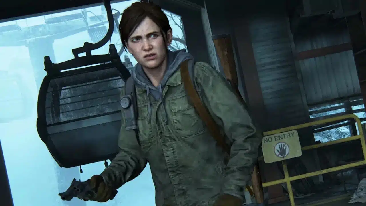 modo roguelike de The Last of Us 2 - Ellie com uma arma na mão e um bondinho no fundo em Part II Remastered