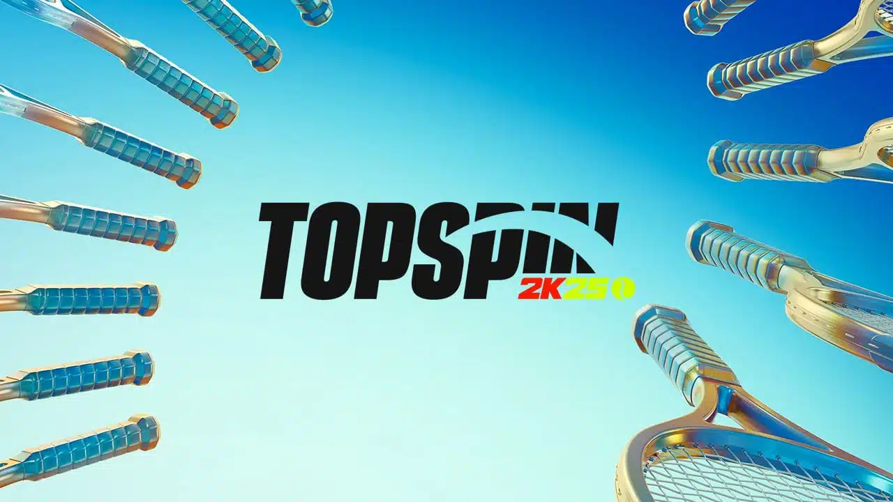 imagem do jogo TopSpin 2K25 com a logo no meio e várias raquetes de tênis ao seu redor