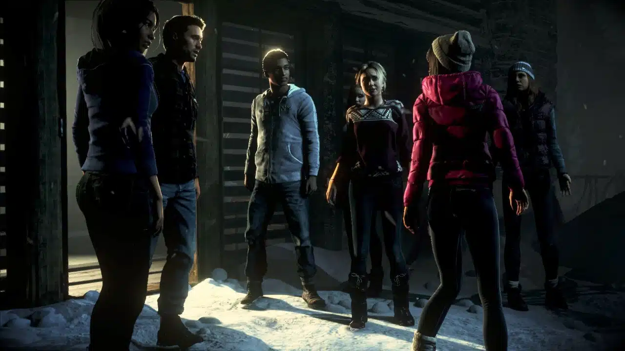 imagem de Until Dawn com um grupo de jovens em uma cabana na neve