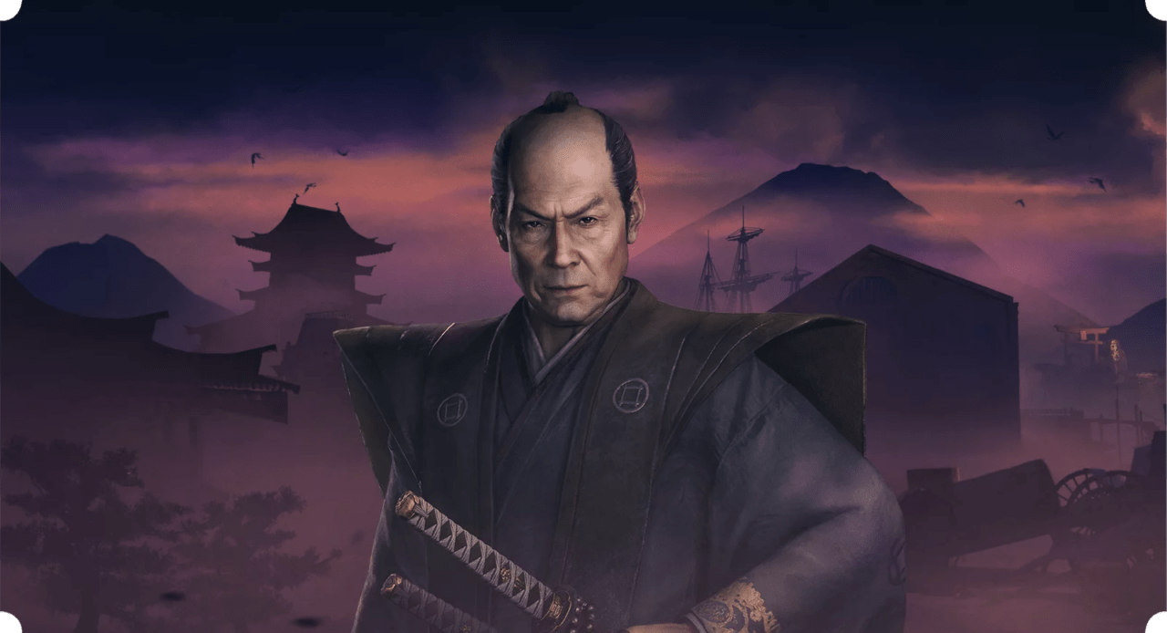 Team Ninja apresenta as três facções principais de A Ascensão do Ronin 1 homem com roupa de samurai em um fundo roxo e segurando uma espada desembainhada