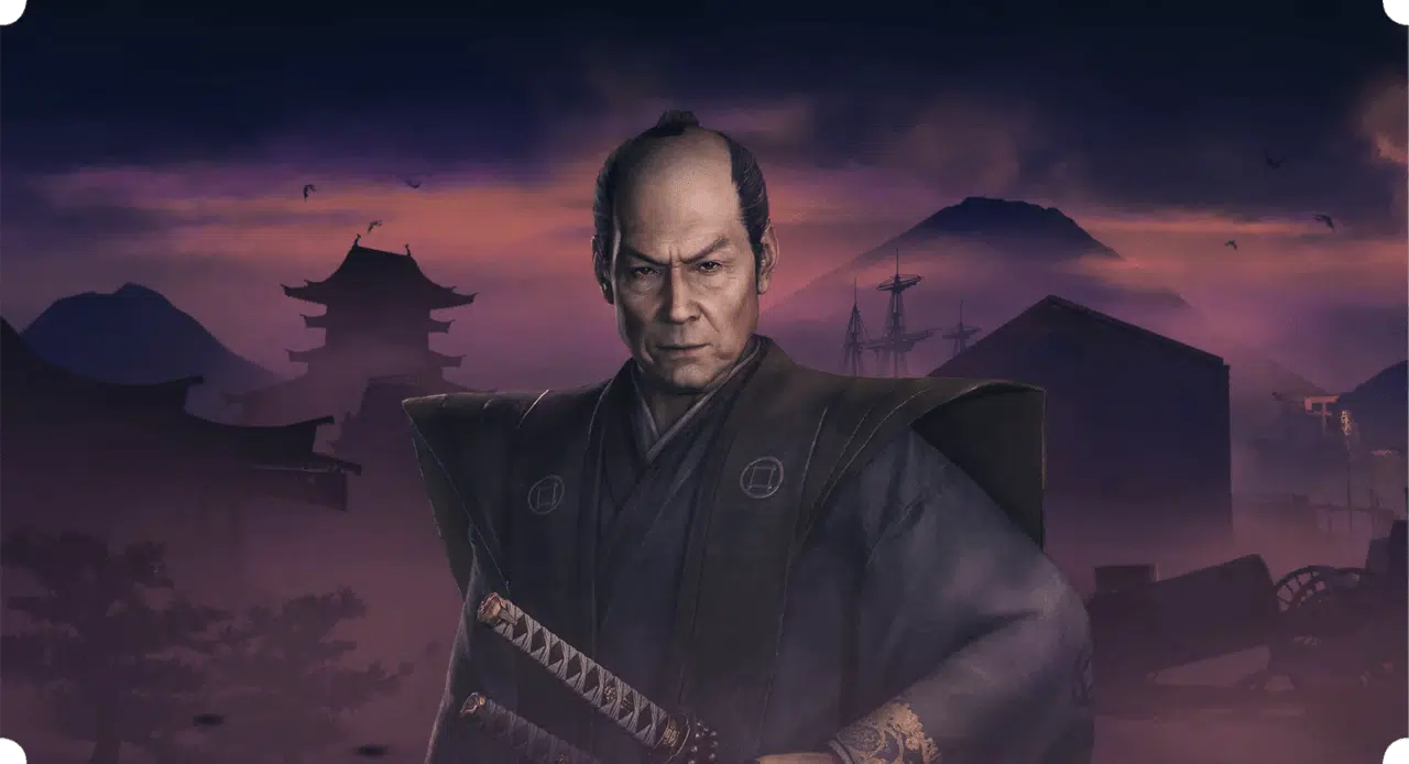 homem com roupa de samurai em um fundo roxo e segurando uma espada desembainhada 
