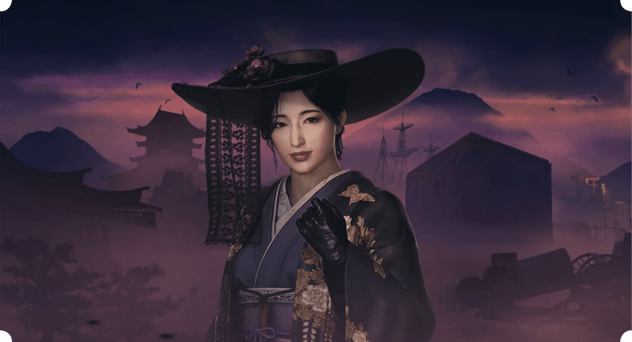 Team Ninja apresenta as três facções principais de A Ascensão do Ronin 2 gueixa com uma roupa colorida em um fundo roxo e com um grande chapéu de palha