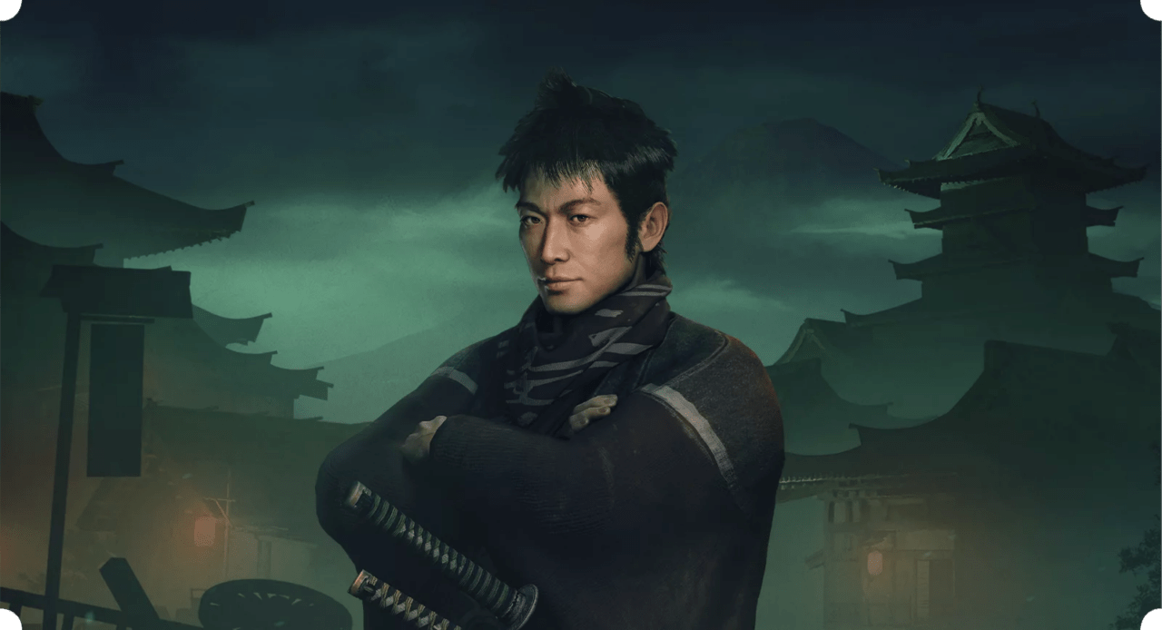 Team Ninja apresenta as três facções principais de A Ascensão do Ronin 4 ninja com cabelo curto e na frente de duas torres feudais com uma espada desembainhada