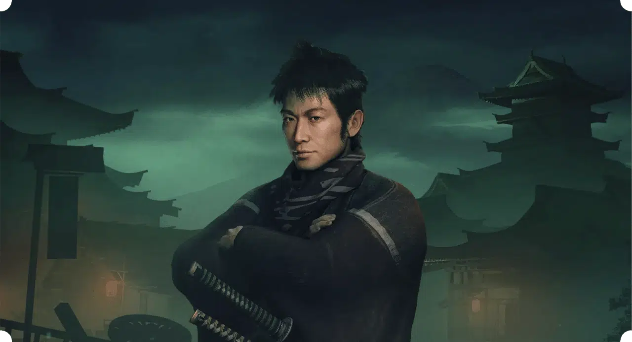 ninja com cabelo curto e na frente de duas torres feudais com uma espada desembainhada