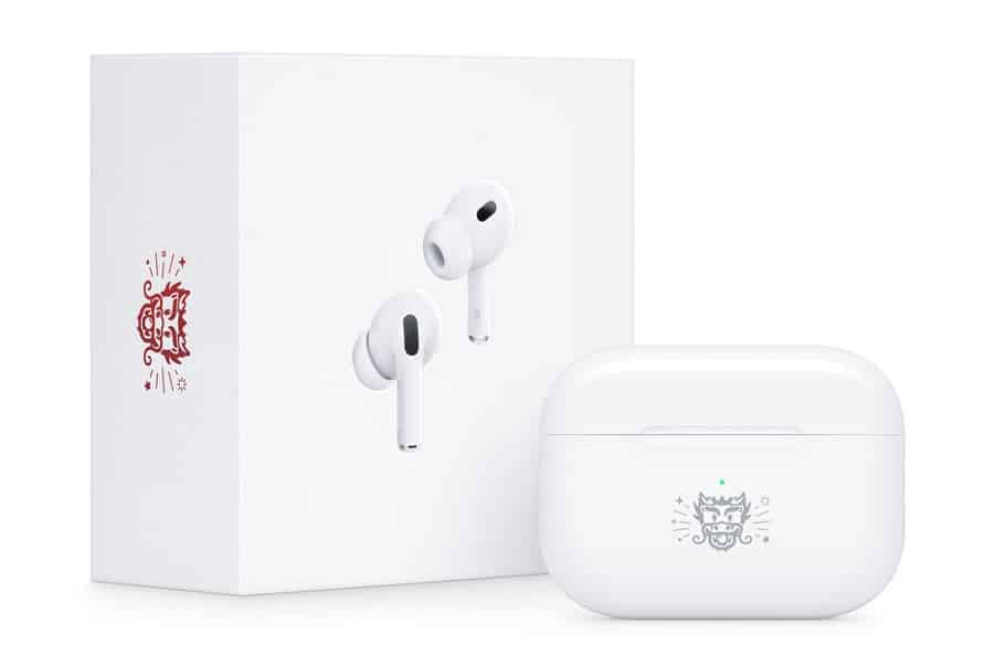 Fotografia dos novos AiPods Pro 2 com dragão estampado no case e na caixa.