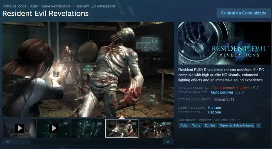 Captura de tela da página da Steam para Resident Evil Revelations, mostrando análises recentes extremamente negativas.