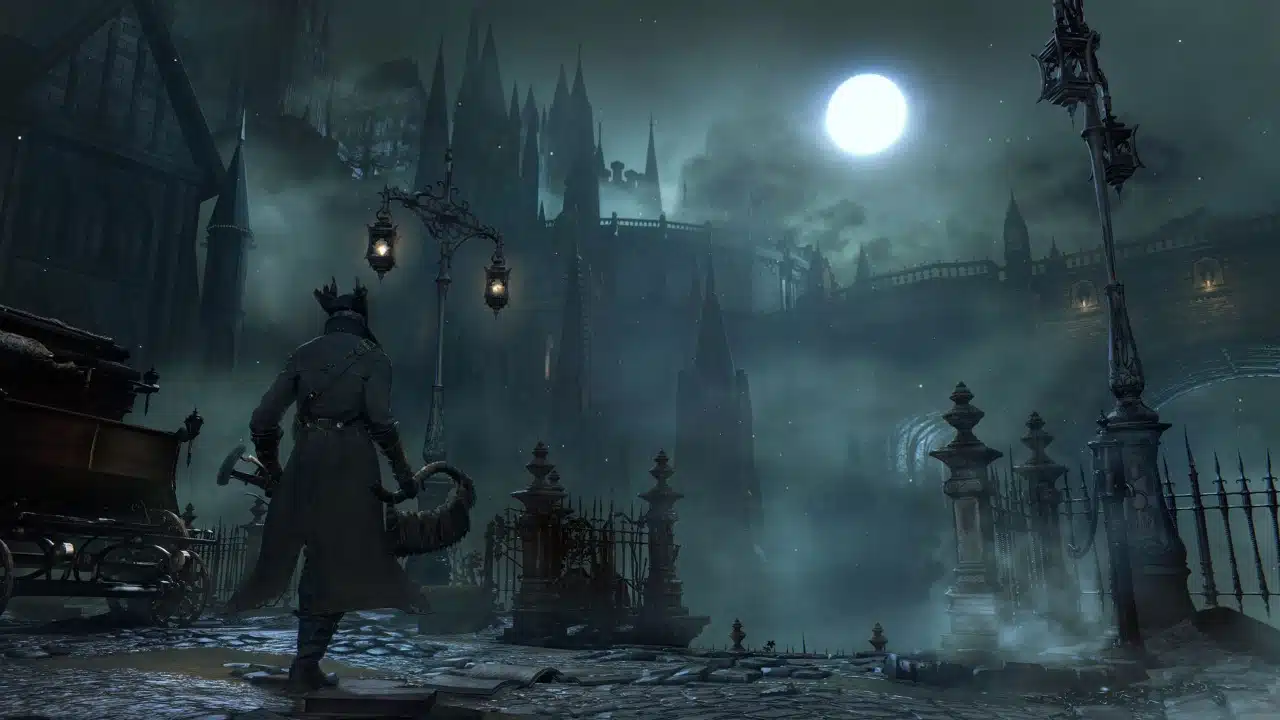 imagem de bloodborne com um caçador em um mundo gotico abandonado enquanto caminha à noite em direção à lua