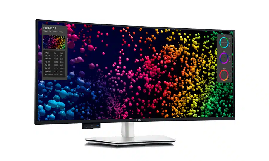 Monitor curvo da Dell em fundo transparente, tela mostra diversas bolhas coloridas.